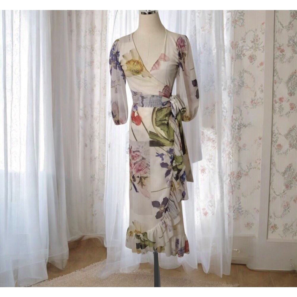 Ganni Romantic Pastel Floral Mesh Wrap Dress Size 36 Small Ruffled Hem Sash Belt